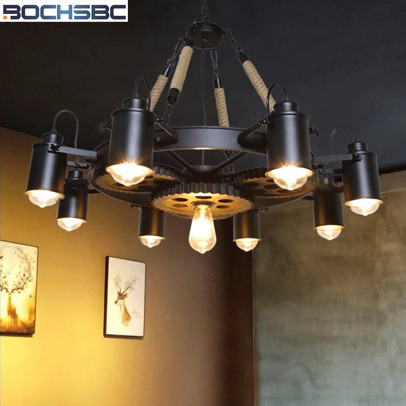 

BOCHSBC Loft American Metal Lampshade Hemp rope Pendant Lights for Living Room Cafe Bar Retro Industry Hanging Lamps With Gears