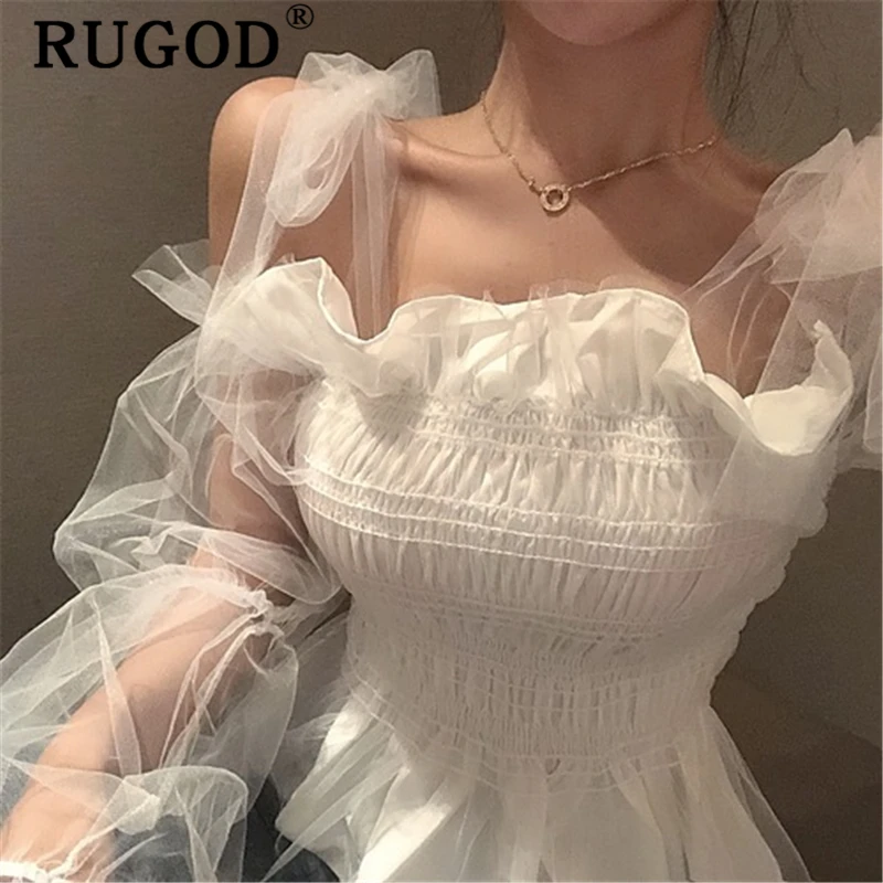 RUGOD Корейская шикарная кружевная сетчатая блузка женская элегантная летняя