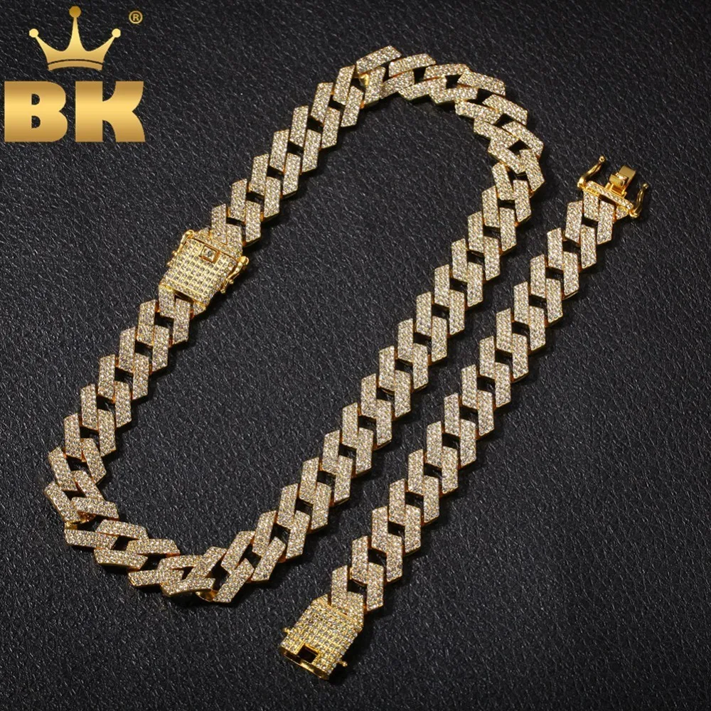 

THE BLING KING 20mm Miami Prong Cuban Chain NE+BA 3 Row Full Iced Out Rhinestones Necklace & Bracelet Mens Hiphop Jewelry Set