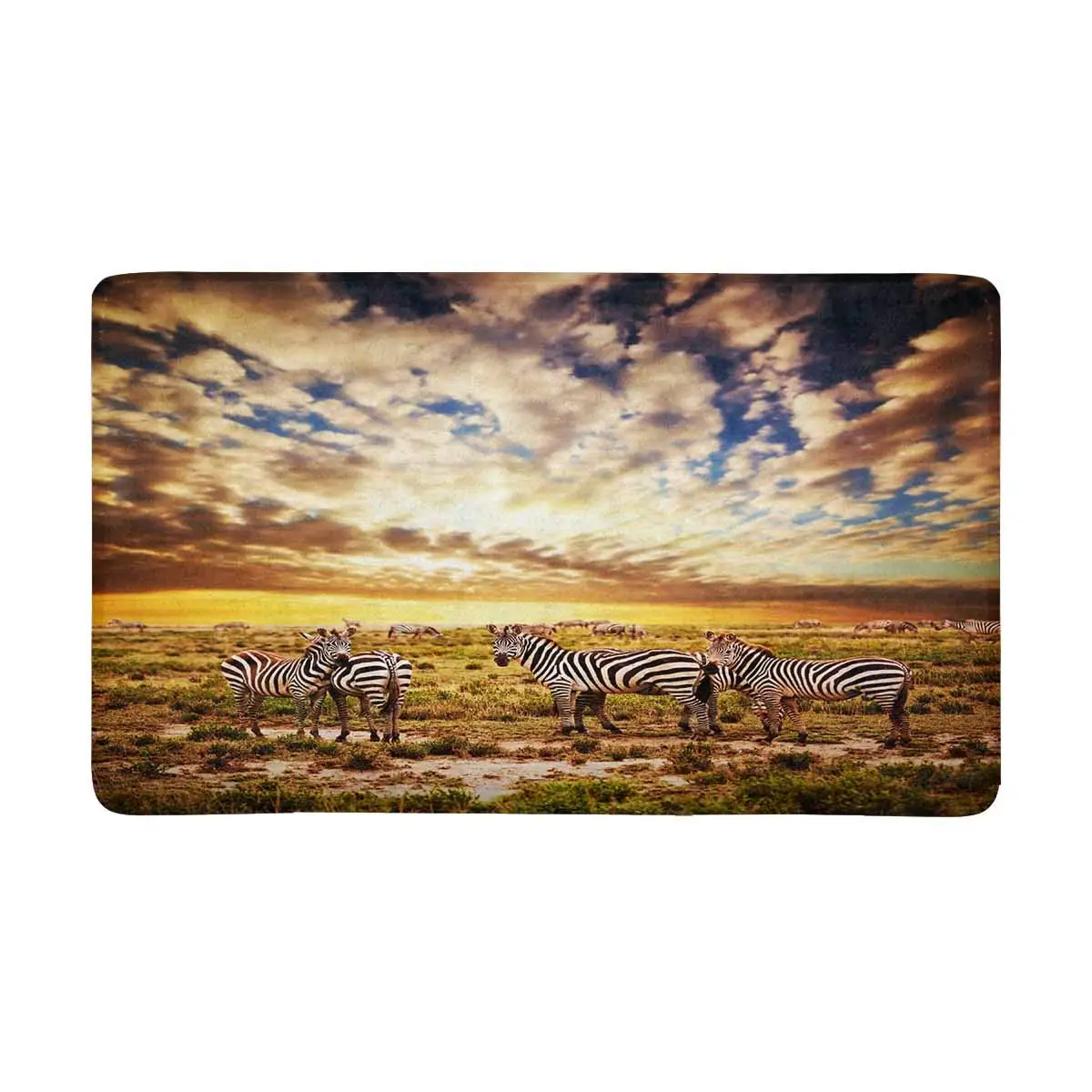 Africa Zebras Herd on Savanna at Sunset Противоскользящий коврик для входа напольный домашние