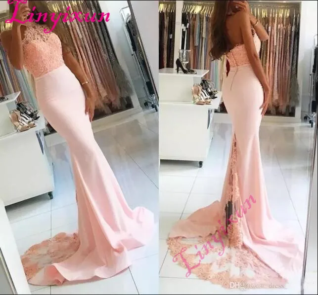 2018 Mermaid Halter Pink Formal Prom Party Dresses Top Lace Sleeveless African Backless Beads Evening Event Wears Celebrity Gown
2018 Mermaid Halter Pink Formal Prom Party Dresses Top Lace Sleeveless African Backless Beads Evening Event Wears Celebrity Gown