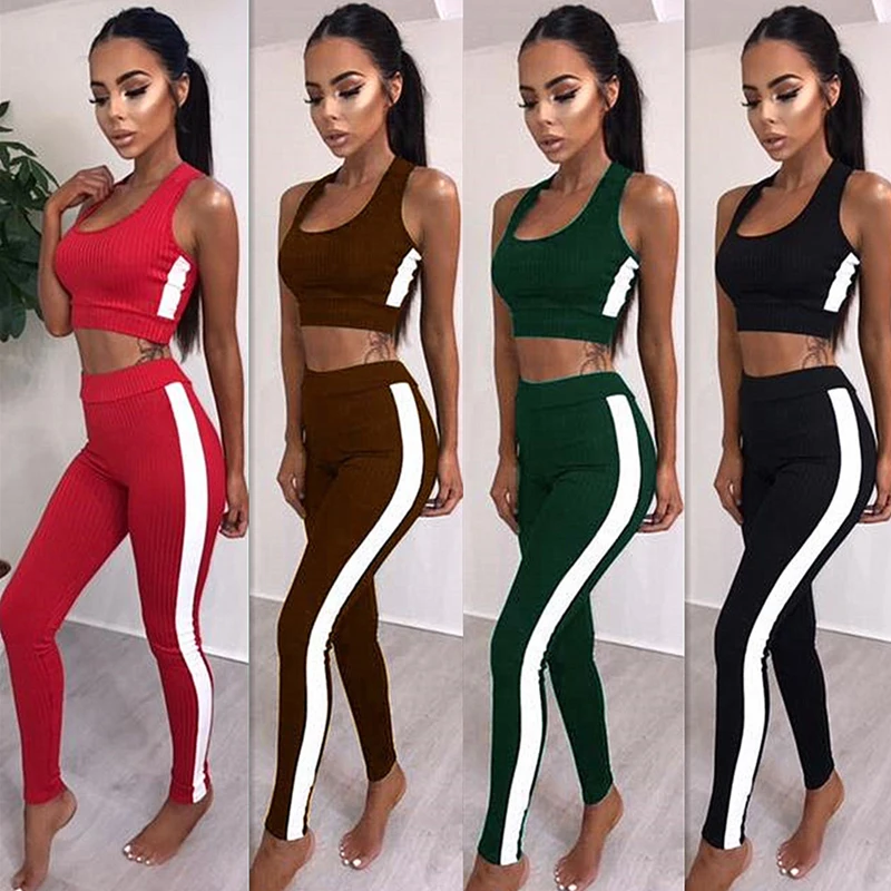 New Fashion Women's Fitness Set Casual Two-piece Suit Sleeveles Tracksuit Crop Top + Leggings 2pcs Sportswear | Женская одежда