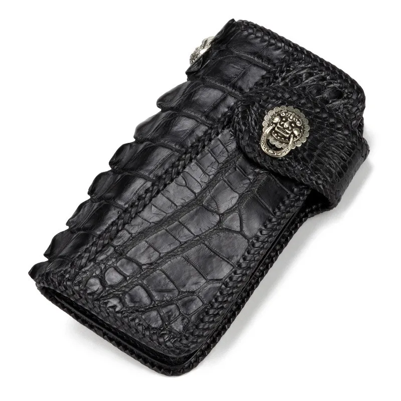 

Handmade Knitting Men Card Holder Real Alligator Wallets Black Purses Clutch Vegetable Tanned Leather Bag