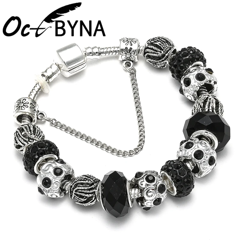 Octbyna Vogue Silver Color Crystal Charm Bracelets For Women Balck Murano Glass Beads DIY Jewelry Fine Bracelet Bangle Girl 
Octbyna Vogue Silver Color Crystal Charm Bracelets For Women Balck Murano Glass Beads DIY Jewelry Fine Bracelet Bangle Girl