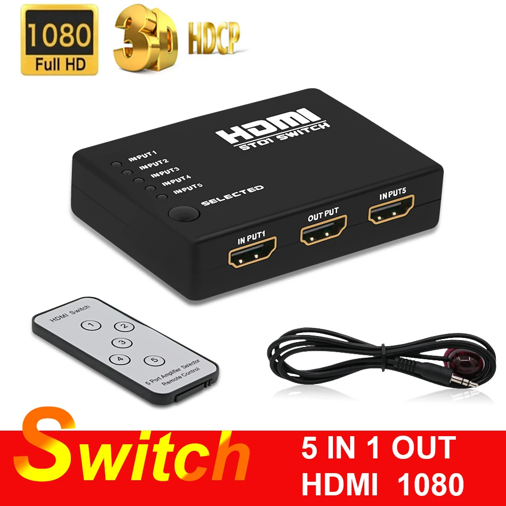 HDMI сплиттер 1080P 5 портовый разъем с дистанционным управлением 5x1HDMI концентратор