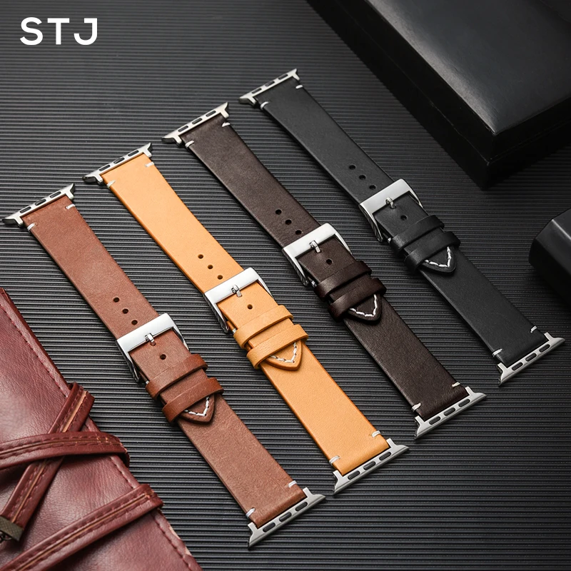 Ремешок для часов STJ из коровьей кожи ремешок ручной работы Apple Watch 38 мм 42 40 44 серия