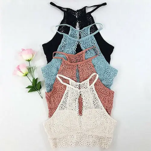 

Womens Crop Top Floral Harness V-Neck Vest Hollow Bralet Lace Camisole Tank Tops