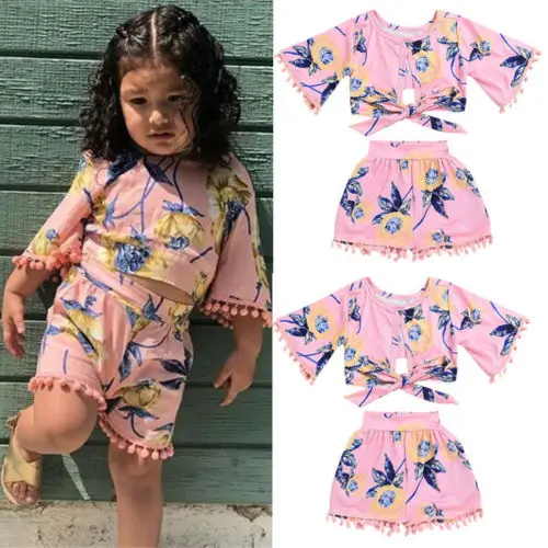 6M-5Y Toddler Kids Baby Girl Summer Outfits Floral bandage T-shirt Tops+Shorts Pants 2PCS Set Child Clothing Flower baby clothes | Мать и