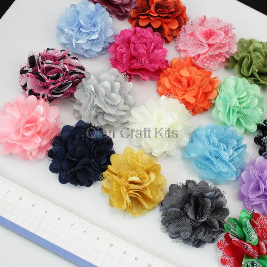 

65pcs assorted satin veil cotton Flowers Rolled Rosettes for wedding decor,diy jewelry Headbands 2'' mixed colors