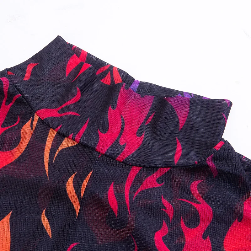 Сексуальное Сетчатое женское платье с принтом огня короткий рукав мода 2020
