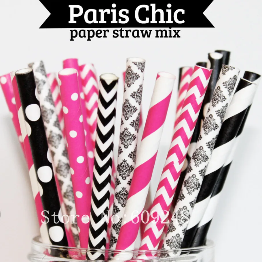 

175pcs Mix Colors Paris Chic Party Paper Straws,Hot Pink Striped,Chevron,Dot,Black Damask,Zig Zag,Girls Birthday,Wedding,Bulk