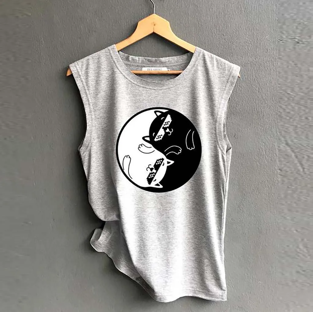 Sexy Tops Women's Cat Print Vest Casual Loose Top Sleeveless Tank Camisole Sport Pullover Tunic Clothing Summer Beach | Женская