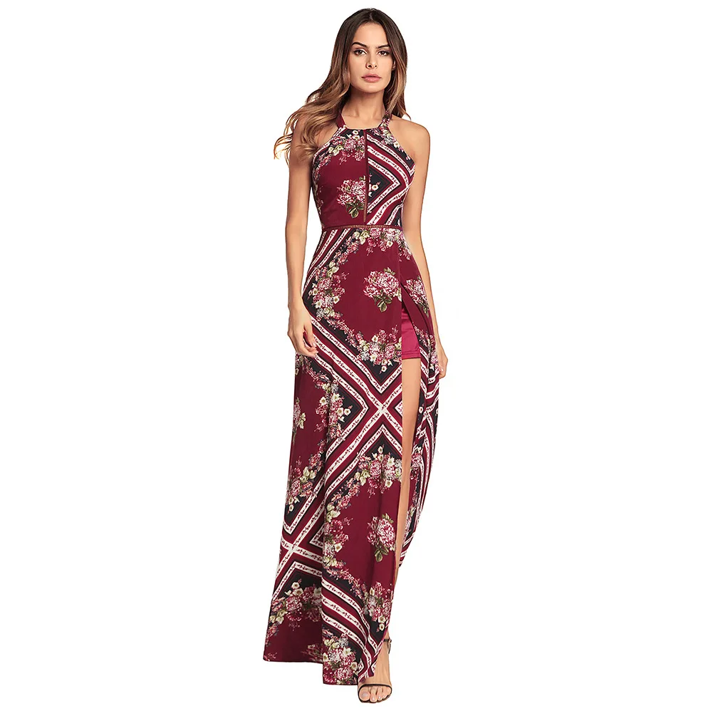 Women Dress Floral Print Vintage Bohemian 2018 Sleeveless Summer Beach Dresses Halter Backless Slit Long Maxi | Женская одежда