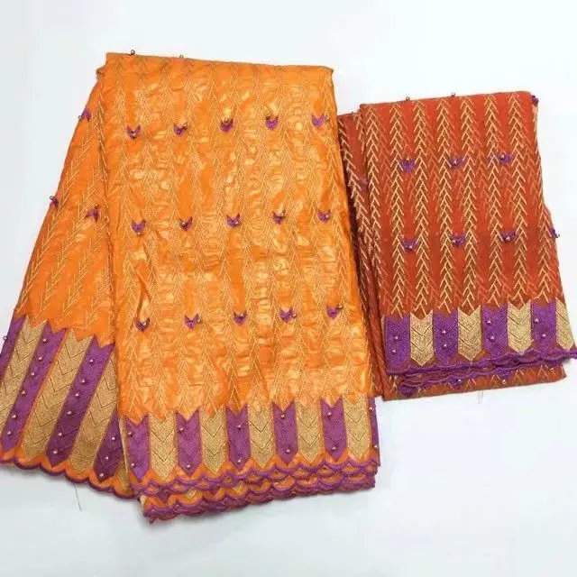 

5Yards Wonderful orange african Bazin brocade lace fabric with beads and 2yards french blouse net lace for dress BZ28-5