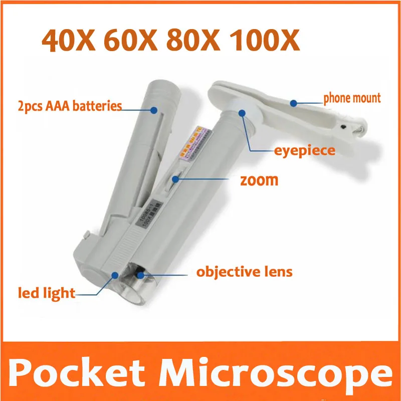 

Увеличительное светодиодный с регулируемым зумом, ручной складной микроскоп для чтения со светодиодной подсветкой, 40X 60X 80X 100X, с креплением для телефона