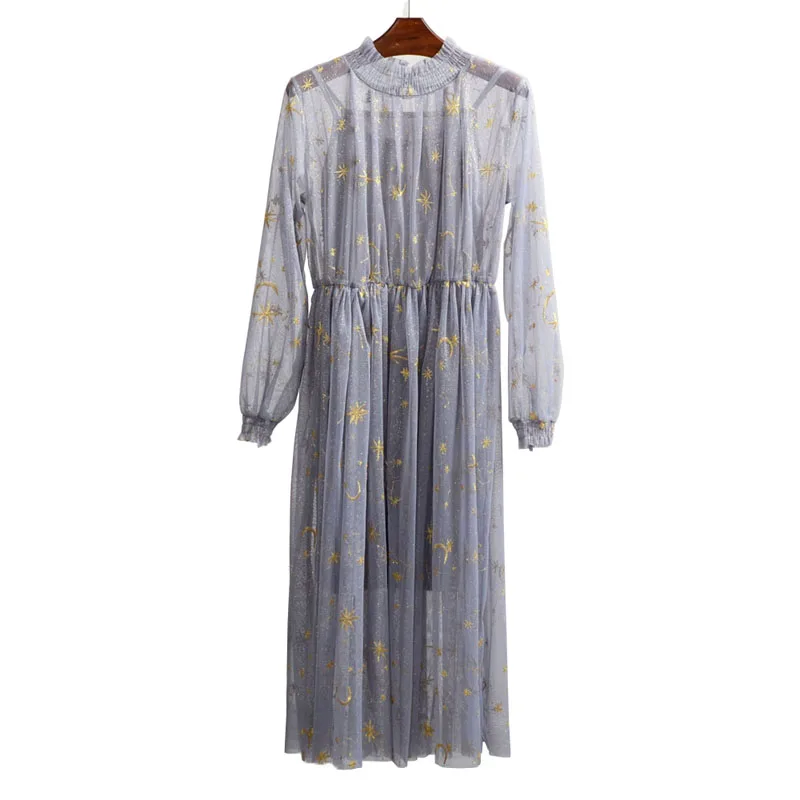 PERHAPS U Gray Beige Navy Star Moon Embroidery Mesh Long Sleeve Stand Collar Midi Elegant Sweet Party Loose Dress Runway D0201
PERHAPS U Gray Beige Navy Star Moon Embroidery Mesh Long Sleeve Stand Collar Midi Elegant Sweet Party Loose Dress Runway D0201