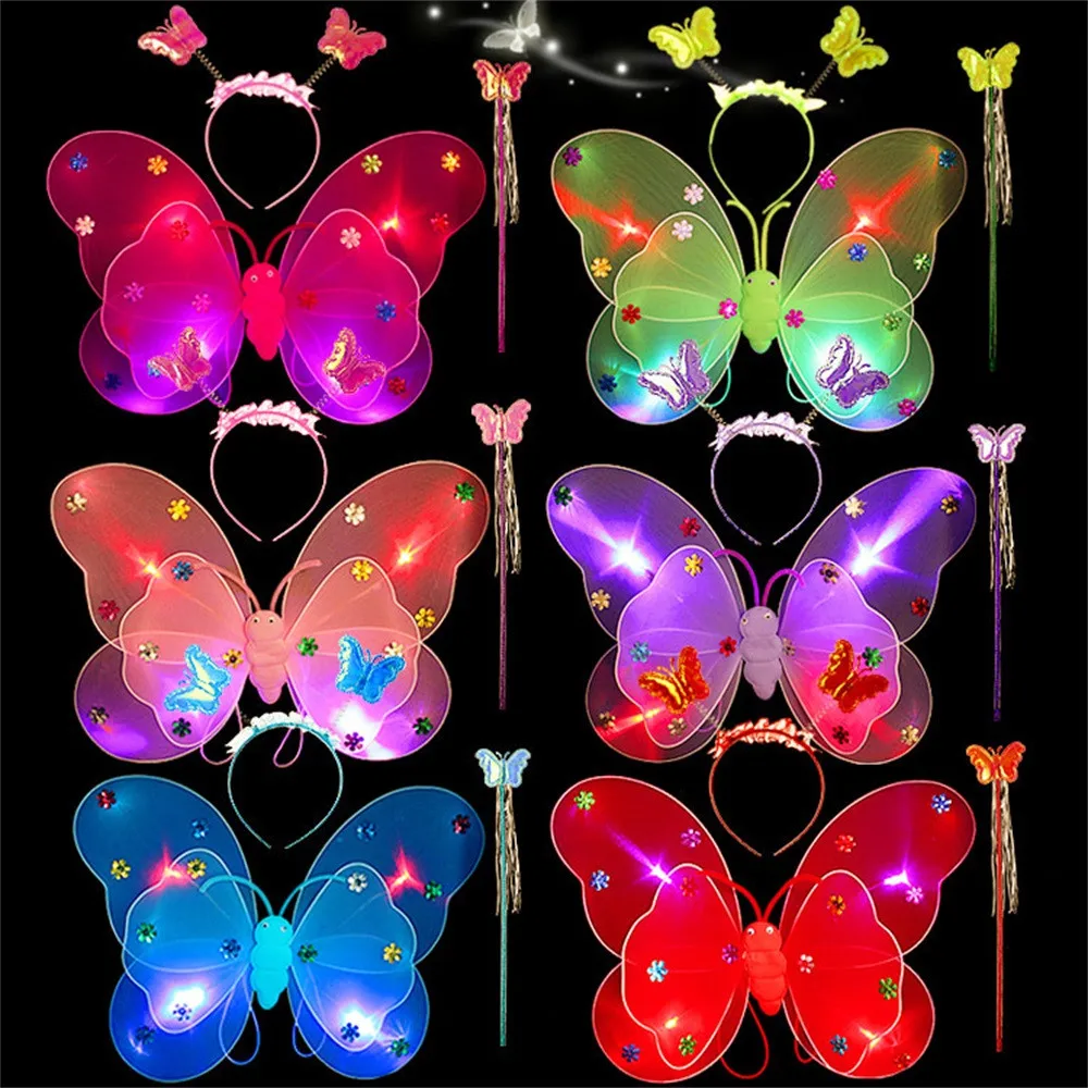 

3 шт./компл., светодиодный мигающий светильник для девочек, волшебные светящиеся крылья бабочки, волшебная палочка, ободок, костюм, игрушка, с...