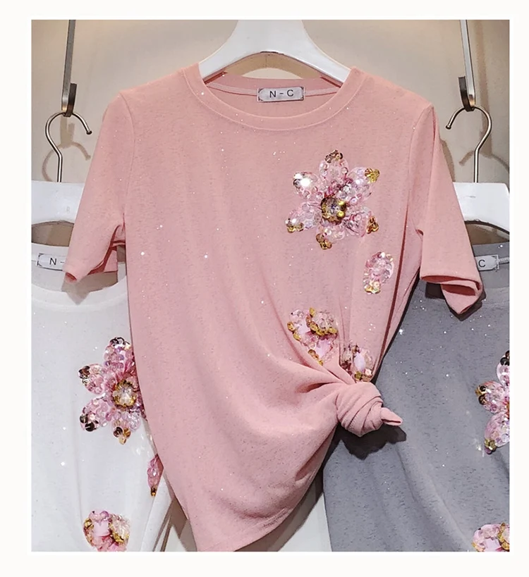 New 2019 edition of easing show thin beading sequins flowers short sleeve T shirt female students bright
New 2019 edition of easing show thin beading sequins flowers short sleeve T shirt female students bright