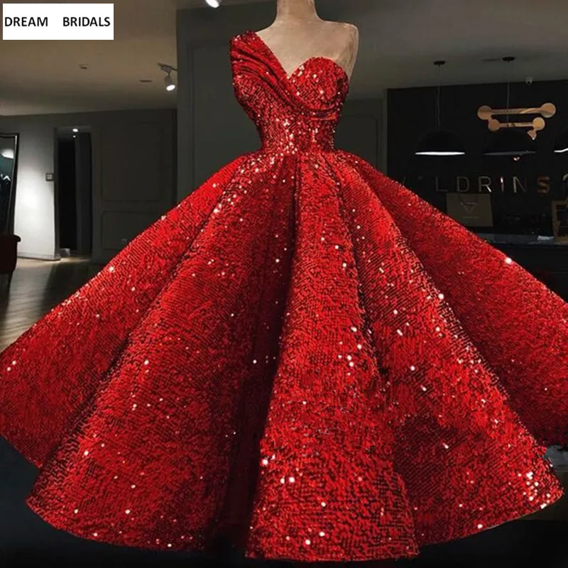 

Red Sequined Elie Saab Arabic Formal Evening Dresses Long Abendkleider 2019 One-Shoulder Ruffles Ball Gowns Prom Dresses