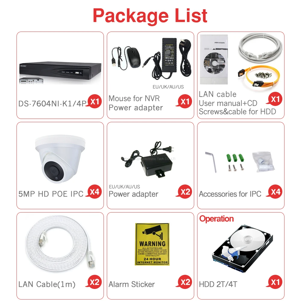 4CH CCTV System 4PCS Ultra 5MP Dome Security POE Camera with Hikvision 4 POE NVR DS-7604NI-K1/4P DIY Video Surveillance Kits
4CH CCTV System 4PCS Ultra 5MP Dome Security POE Camera with Hikvision 4 POE NVR DS-7604NI-K1/4P DIY Video Surveillance Kits