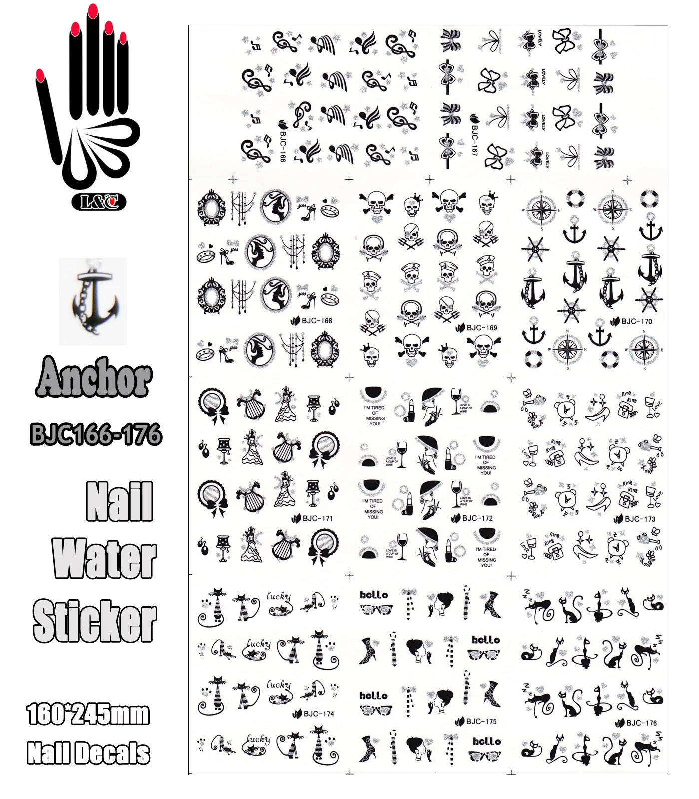 11 Sheets/Lot Water Nail Sticker BJC166-176 Black Glitter Cat Anchor Nail Art Water Sticker Nail Tattoo(11 DESIGNS IN 1)
11 Sheets/Lot Water Nail Sticker BJC166-176 Black Glitter Cat Anchor Nail Art Water Sticker Nail Tattoo(11 DESIGNS IN 1)
