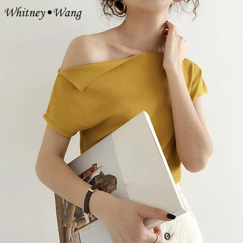 WHITNEY WANG 2019 весна лето мода уличная сексуальный разрез Slash шеи трикотажная