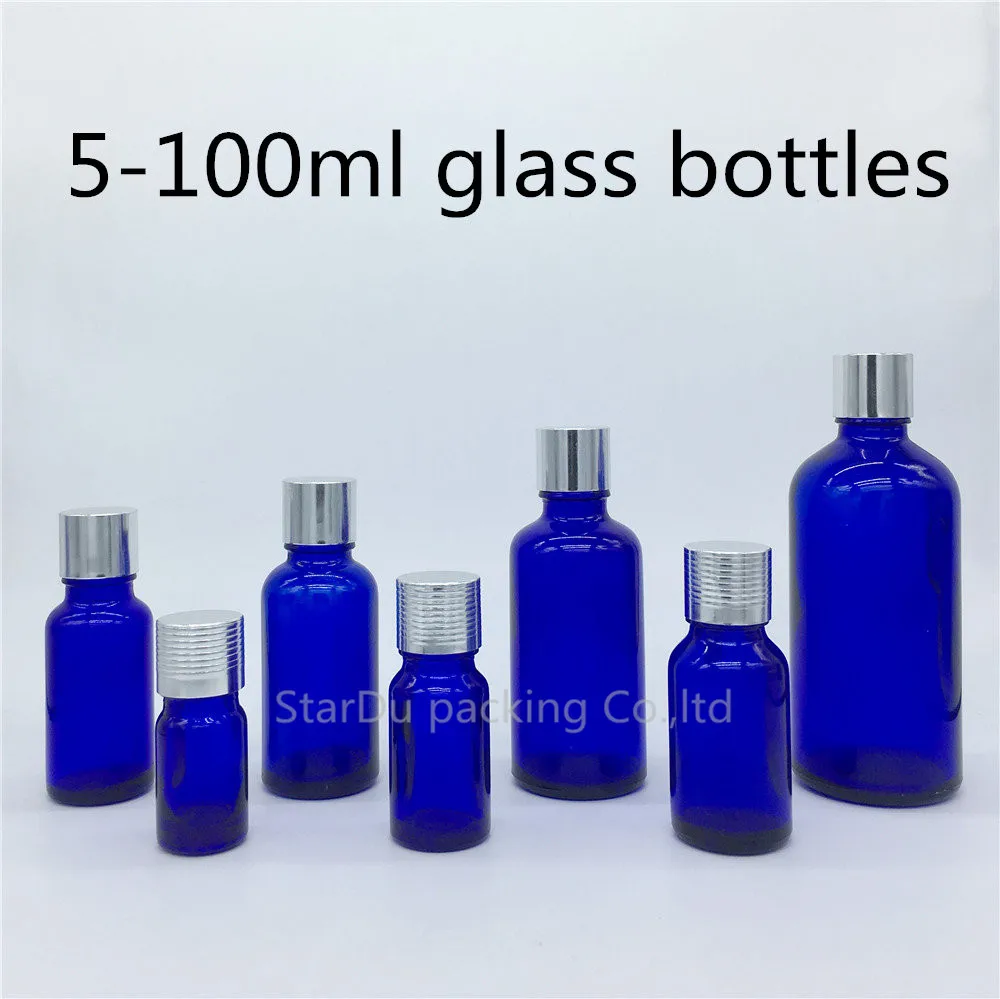 

5ml 10ml 15ml 20ml 30ML 50ml 100ml Blue Glass Bottle, Vials Essential Oil Blue Bottle With Silvery Screw Cap Perfume Bottle