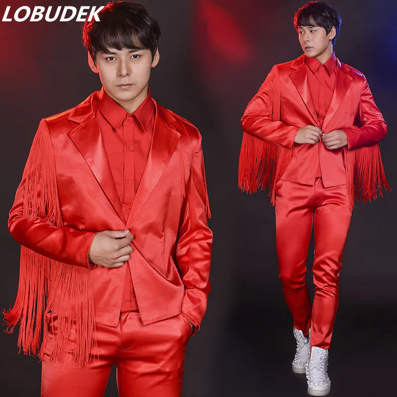 Fashionable Red Tassels Men's Suits Punk Style 3 Piece Sets Male Singer Vocal Concert Costume Nightclub Bar Dancer Stage Clothes
Fashionable Red Tassels Men's Suits Punk Style 3 Piece Sets Male Singer Vocal Concert Costume Nightclub Bar Dancer Stage Clothes