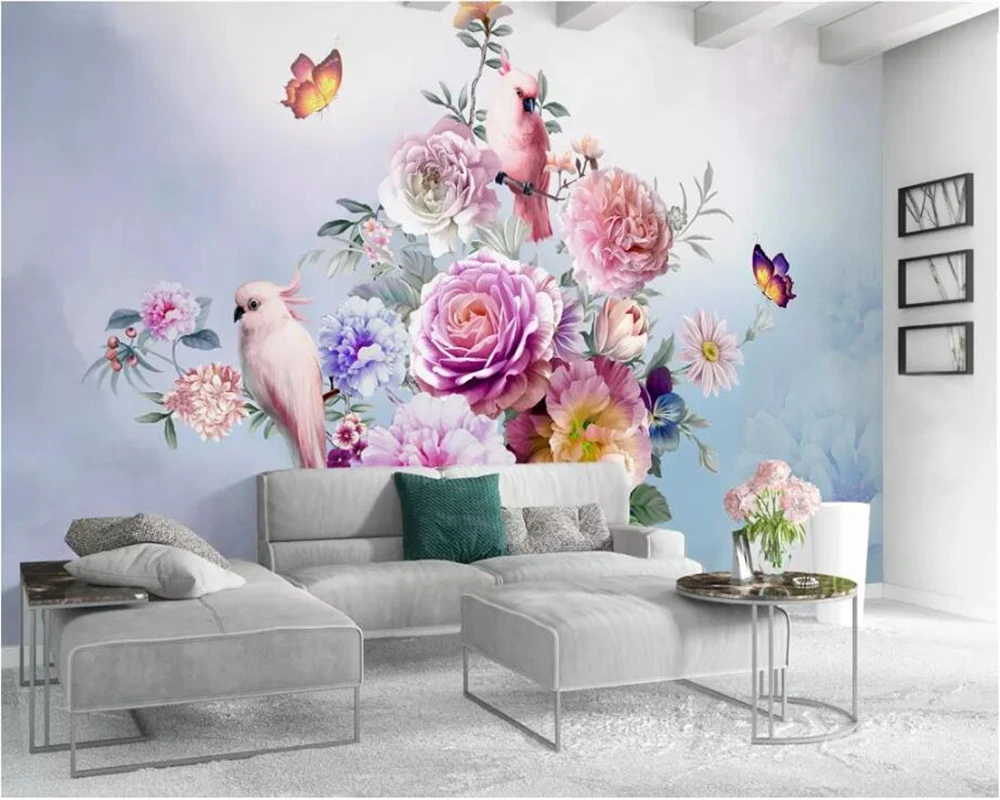 Обои на заказ 3d фотообои ручная роспись Винтажный Розовый попугай диван обои