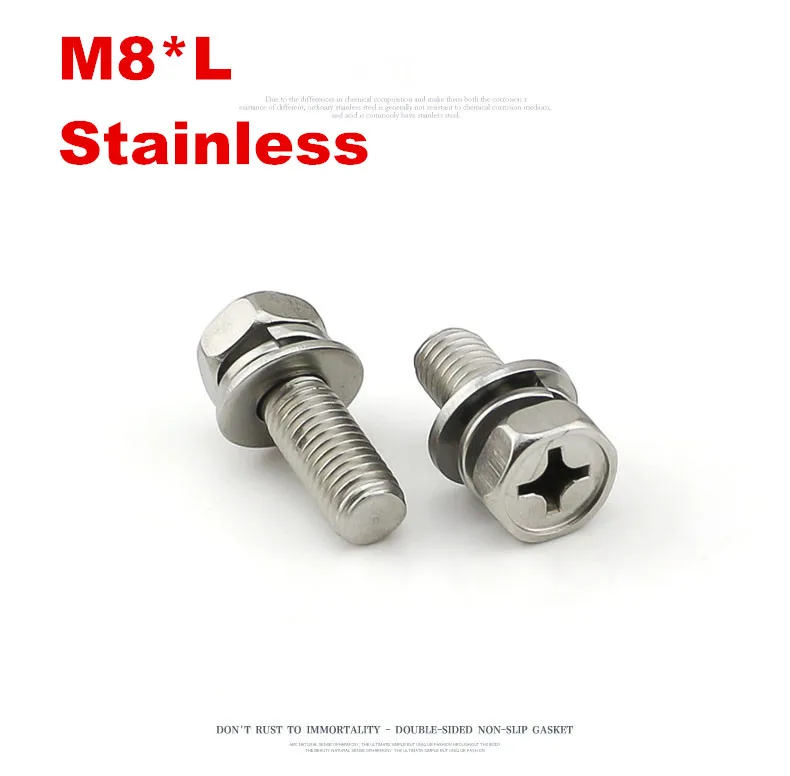 100pcs/lot Stainless steel phillips sems hex bolt M8*12/16/20/25/30/60