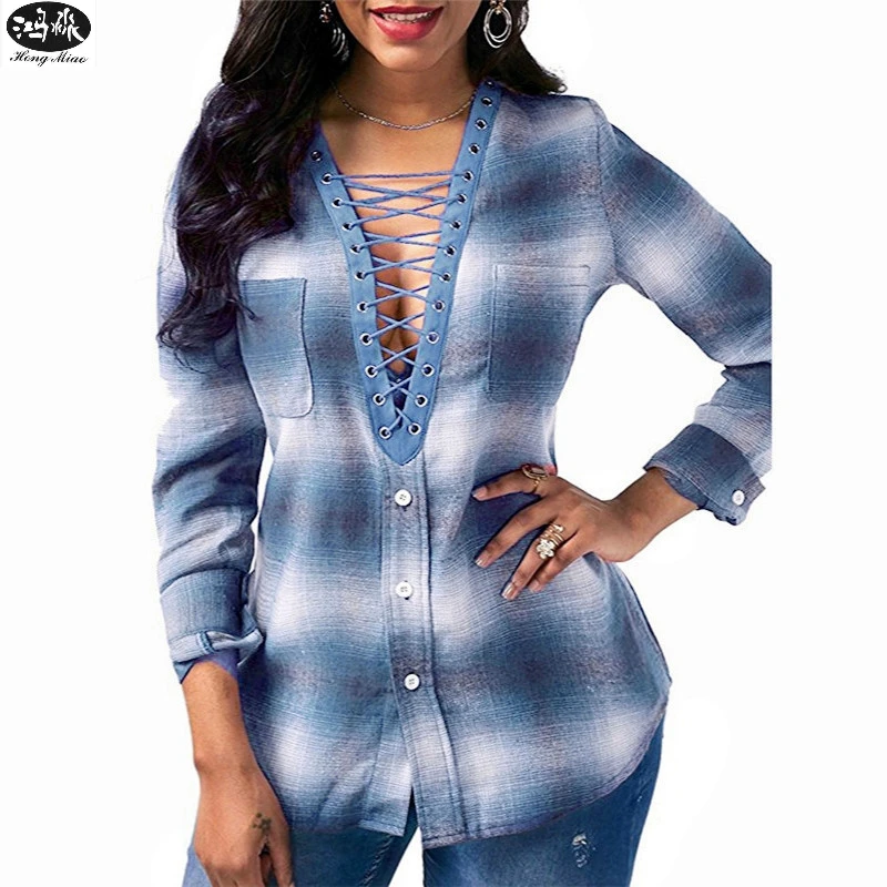 2019 Spring New Women T-shirt Sexy Deep V-Neck Bandage Plaid Long-sleeved Shirt Women T-shirt 2020
2019 Spring New Women T-shirt Sexy Deep V-Neck Bandage Plaid Long-sleeved Shirt Women T-shirt 2020