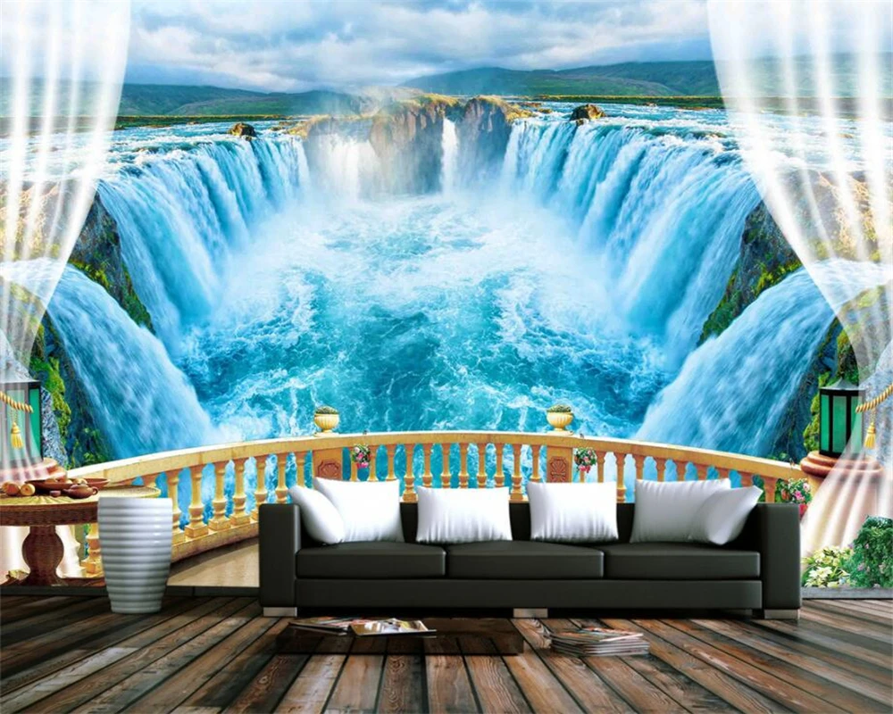

Beibehang 3D Wallpaper Landscape Balcony Lake Blue Waterfall White Cloud Forest TV Living Room Background Wall Custom Wallpaper
