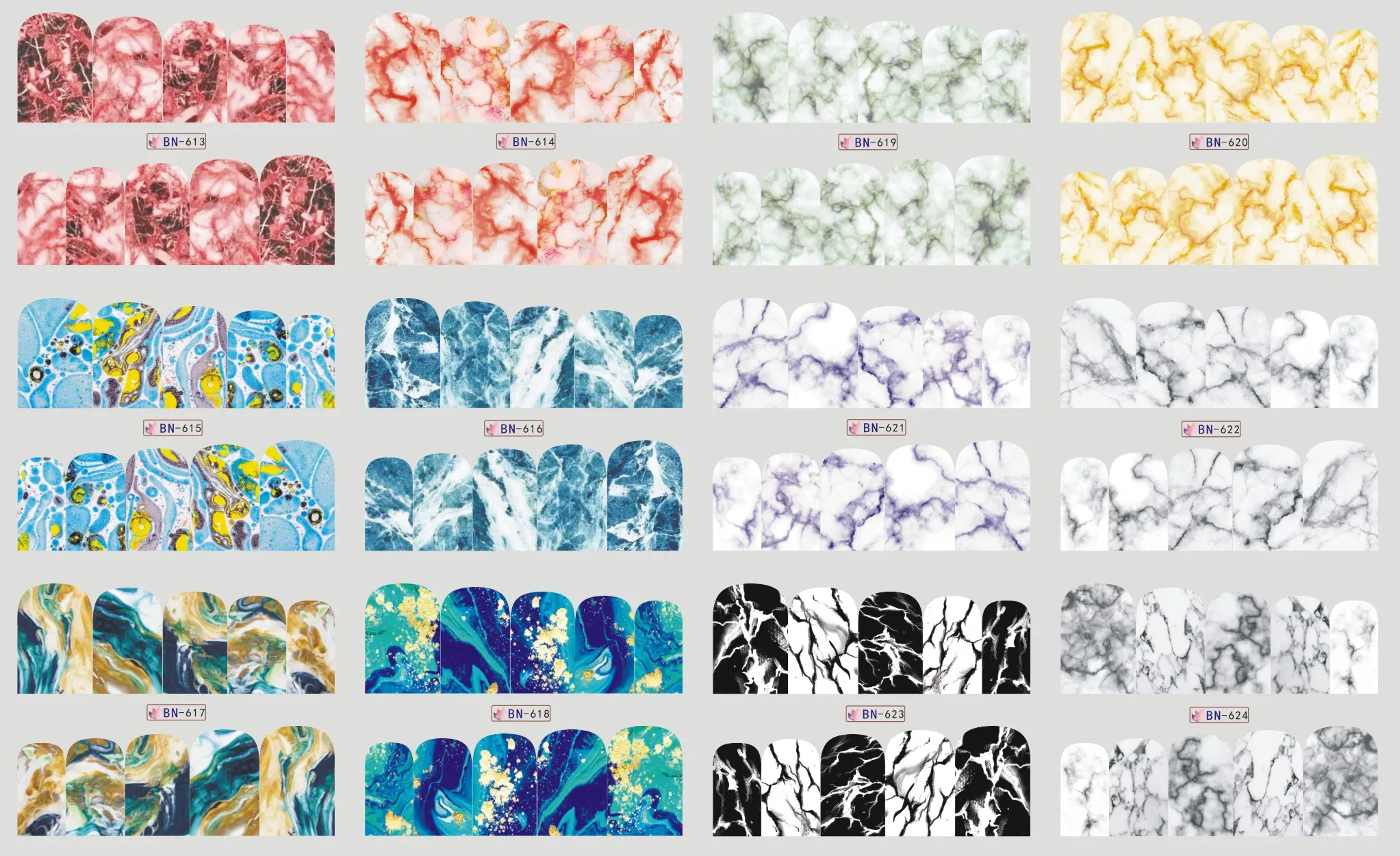 12 Sheets/Lot Nail BN613-624 Marbling Full Cover Nail Art Water Sticker Decal For Nail Water (12 DESIGNS IN 1)
12 Sheets/Lot Nail BN613-624 Marbling Full Cover Nail Art Water Sticker Decal For Nail Water (12 DESIGNS IN 1)