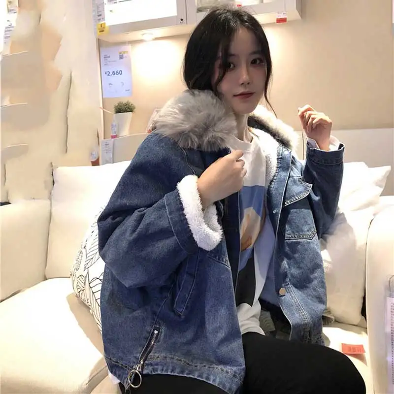 Autumn winter women's 2018 new Korean loose Thickening Fur collar denim jacket short paragraph Imitation lamb hair outwear Z039 | Женская