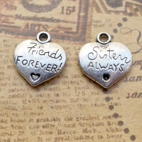 

20 Pieces/Lot 15.7mm*14mm Diy Jewelry Accessory antique Silver plated Charm heart friend sister charms For Jewelry Making