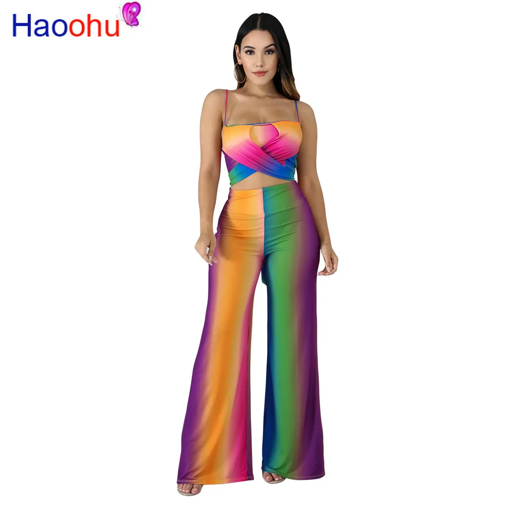 Rainbow Gradient Sexy Two Piece Tracksuit Women's Suit Spaghetti Strap Backless Crop Top + Wide Leg Pants Sweatsuit Matching Set
Rainbow Gradient Sexy Two Piece Tracksuit Women's Suit Spaghetti Strap Backless Crop Top + Wide Leg Pants Sweatsuit Matching Set