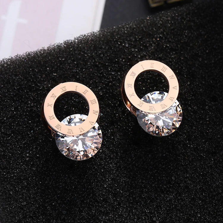 

YUN RUO Simple & Fashion Roman Number Zircon CZ Stud Earring Woman Rose Gold Titanium Steel Jewelry Birthday Gift Never Fade