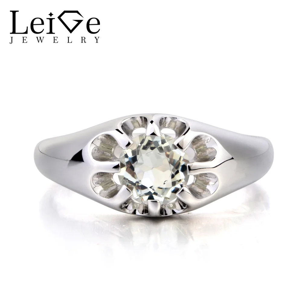 

Leige Jewelry Natural Green Amethyst Ring Engagement Ring Round Cut Gemstone Solid 925 Sterling Silver Ring February Birthstone