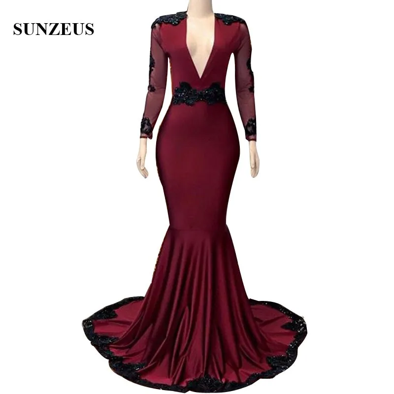 Long Sleeves Prom Dresses 2019 Mermaid Burgundy Jersey Long Party Gowns Deep V-Neck Women Formal Wear With Black Appliques
Long Sleeves Prom Dresses 2019 Mermaid Burgundy Jersey Long Party Gowns Deep V-Neck Women Formal Wear With Black Appliques