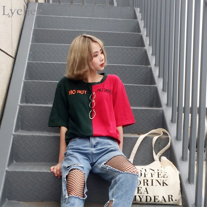 Lychee Harajuku Summer Women T Shirt Letter Embroidery Ring Patchwork Short Sleeve Casual T Shirt Tee Top Female
Lychee Harajuku Summer Women T Shirt Letter Embroidery Ring Patchwork Short Sleeve Casual T Shirt Tee Top Female
