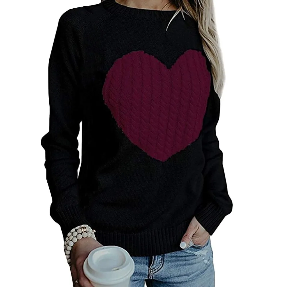 Женский трикотажный свитер с принтом сердечек Свободный пуловер длинным рукавом