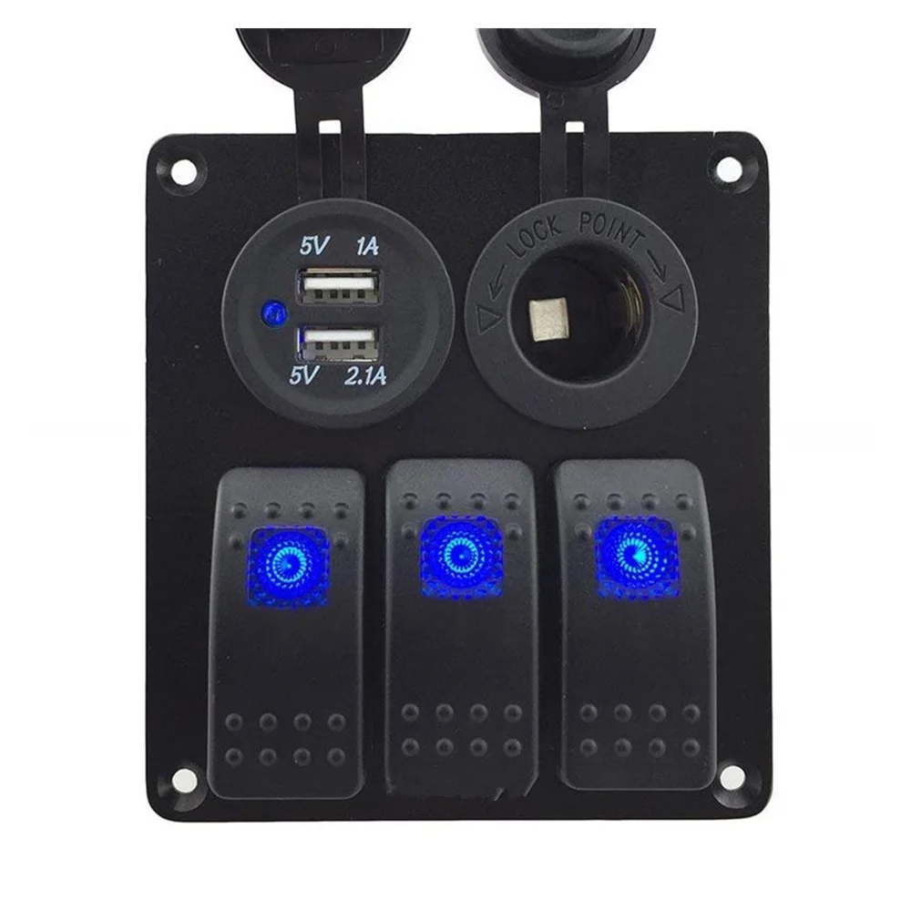 Rocker Switch Panel 3 Gang 12-24V Power Socket Dual USB Charger Blue LED Switch Button Panel
Rocker Switch Panel 3 Gang 12-24V Power Socket Dual USB Charger Blue LED Switch Button Panel