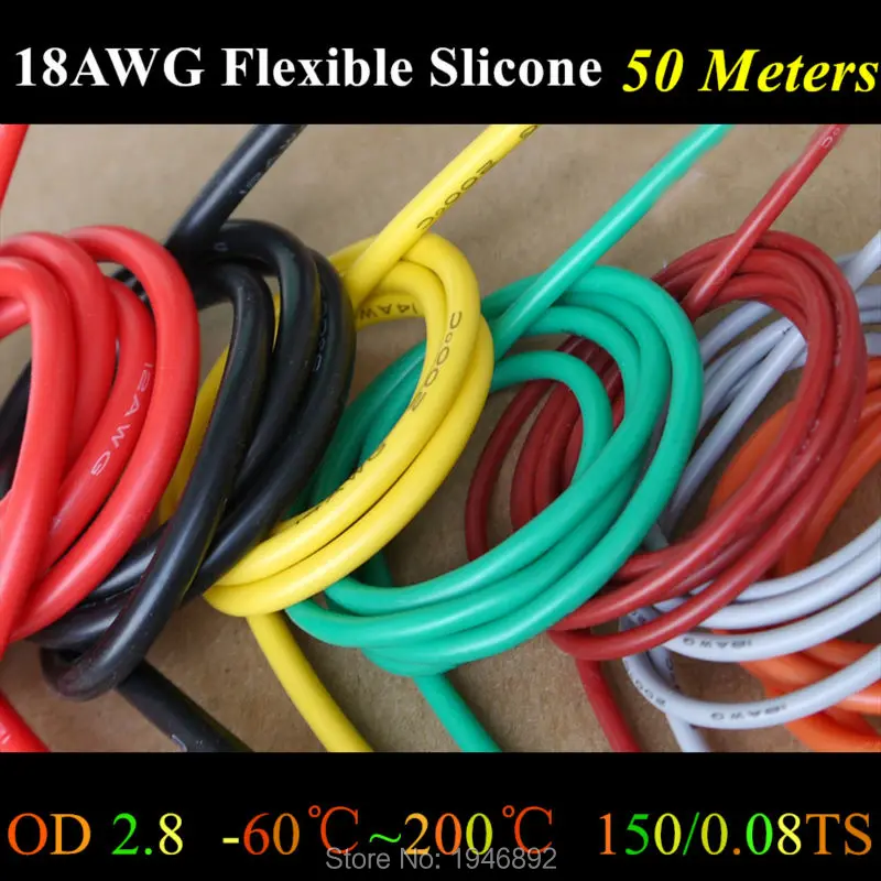 

Гибкий силиконовый провод 18 AWG 50 метров, RC-кабель 150/0.08TS OD 2,3 мм, луженый медный провод, проводник для самостоятельной сборки, 10 цветов на выбор