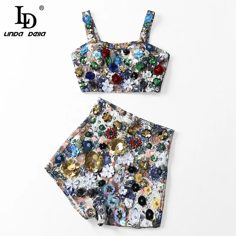 LD LINDA DELLA Summer Runway Tow Piece Suit Set Women's Holiday Party Crystal Beading Sequin Jacquard Print Vintage Shorts | Женская