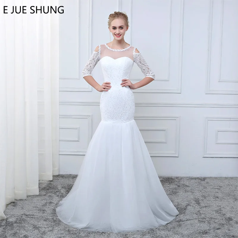 E JUE SHUNG 2018 White Lace Off the Shoulder Mermaid Wedding Dresses Appliques Sheer 3/4 Sleeves Cheap Beach Wedding Gowns
E JUE SHUNG 2018 White Lace Off the Shoulder Mermaid Wedding Dresses Appliques Sheer 3/4 Sleeves Cheap Beach Wedding Gowns