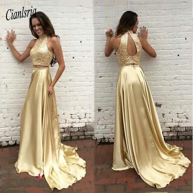 Gold Beaded Two Piece Prom Dress High Neck With Keyhole Back Formal Women Robe De Soiree Longue Party Gowns
Gold Beaded Two Piece Prom Dress High Neck With Keyhole Back Formal Women Robe De Soiree Longue Party Gowns