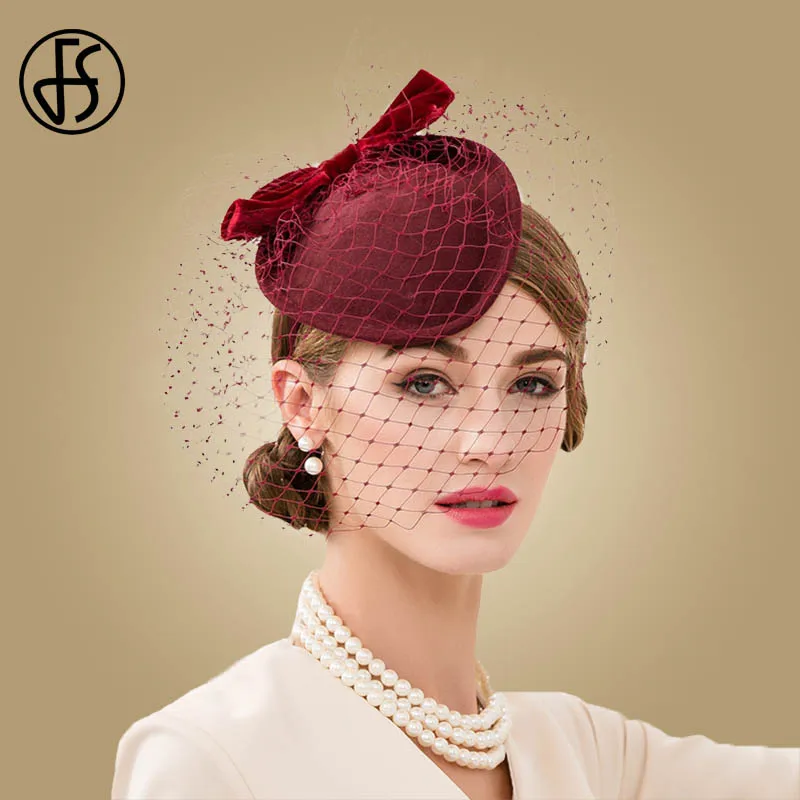 

FS Wine Red Wedding Fascinators Hats For Women Elegant Formal Church Wool Felt Pillbox Hat With Veils Lady Derby Cocktail Fedora