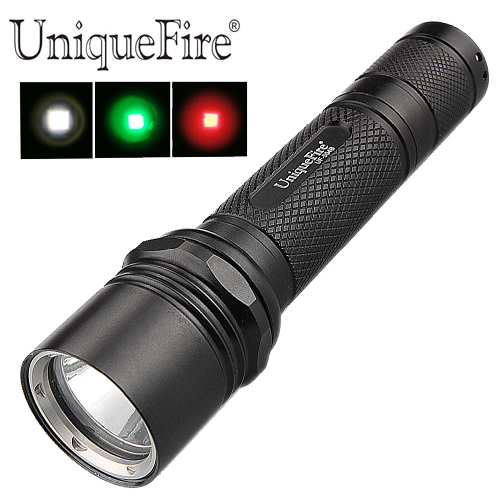 

UniqueFire UF-504B XRE(Green/Red/White Light)LED Flashlight 3 Modes Toughened Ultra Clear Glass Lens Rechargeable Hunting Torch