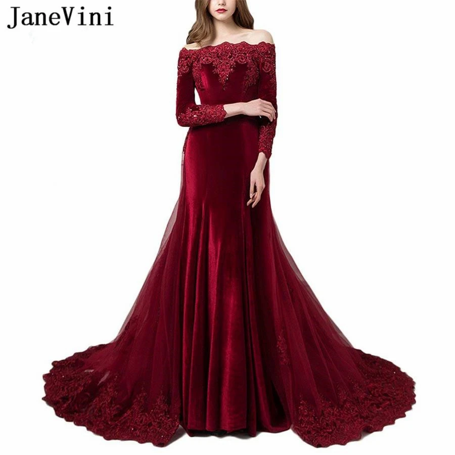 JaneVini Vintage Velvet Burgundy Long Sleeve Evening Gown with Detachable Train Appliques Beaded Mermaid Arabic Evening Dresses
JaneVini Vintage Velvet Burgundy Long Sleeve Evening Gown with Detachable Train Appliques Beaded Mermaid Arabic Evening Dresses