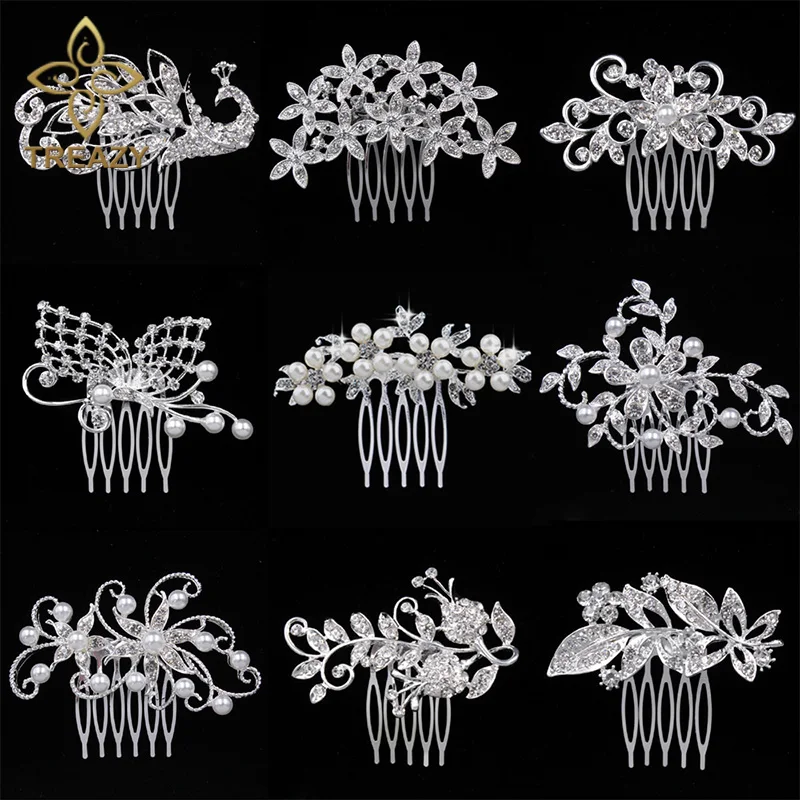 

TREAZY Pretty Animal Leaf Flower Designs Sparkly Crystal Imitation Pearls Bridal Hair Combs Tiara Women Wedding Hair Accessories